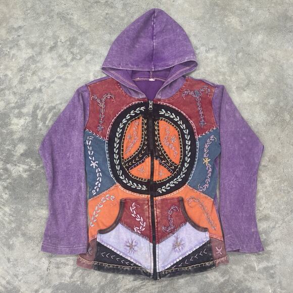 Kathmandu Jackets & Blazers - Vintage Kathmandu Imports Peace Patchwork Zip Up Hoodie Jacket Multicolor Hippie